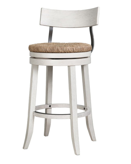 Brown and White Rattan and Solid Wood Low Back Bar Height Swivel Bar Chair