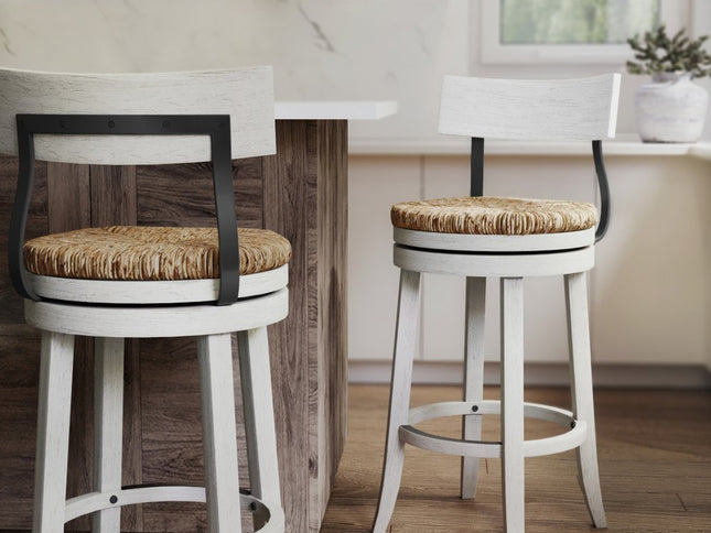 Brown and White Rattan and Solid Wood Low Back Bar Height Swivel Bar Chair