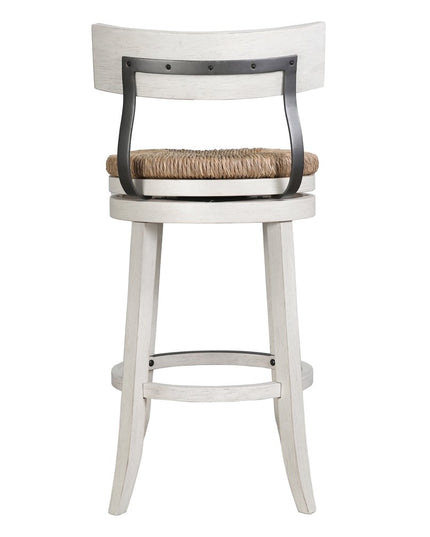 Brown and White Rattan and Solid Wood Low Back Bar Height Swivel Bar Chair