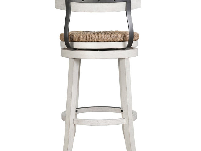 Brown and White Rattan and Solid Wood Low Back Bar Height Swivel Bar Chair