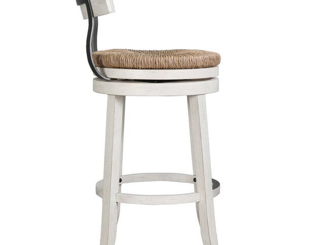 Brown and White Rattan and Solid Wood Low Back Bar Height Swivel Bar Chair