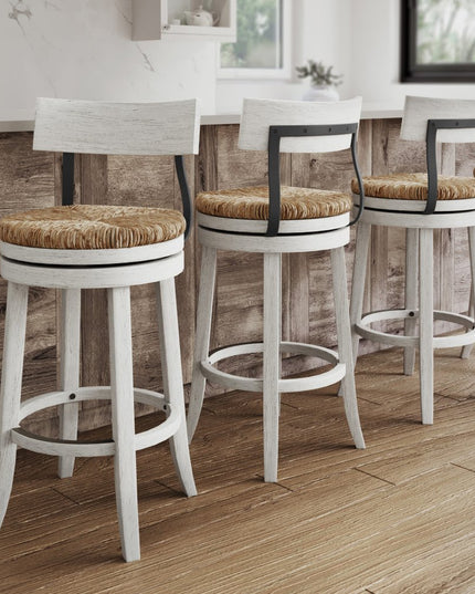 Brown and White Rattan and Solid Wood Low Back Bar Height Swivel Bar Chair