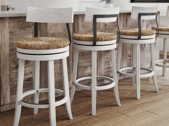 Brown and White Rattan and Solid Wood Low Back Bar Height Swivel Bar Chair