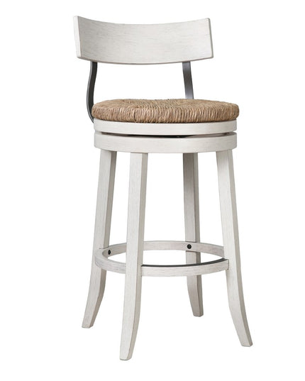 Brown and White Rattan and Solid Wood Low Back Bar Height Swivel Bar Chair