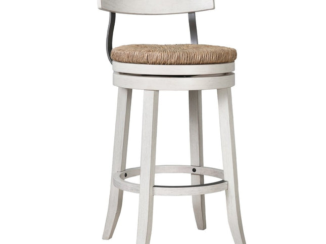 Brown and White Rattan and Solid Wood Low Back Bar Height Swivel Bar Chair