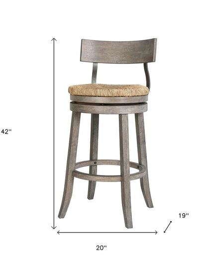 Brown and Gray Rattan and Solid Wood Low Back Bar Height Swivel Bar Chair