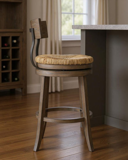 Brown and Gray Rattan and Solid Wood Low Back Bar Height Swivel Bar Chair