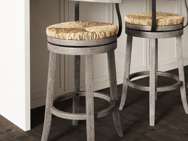 Brown and Gray Rattan and Solid Wood Low Back Bar Height Swivel Bar Chair