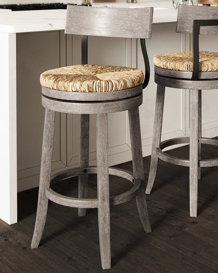 Brown and Gray Rattan and Solid Wood Low Back Bar Height Swivel Bar Chair