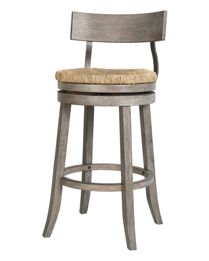 Brown and Gray Rattan and Solid Wood Low Back Bar Height Swivel Bar Chair