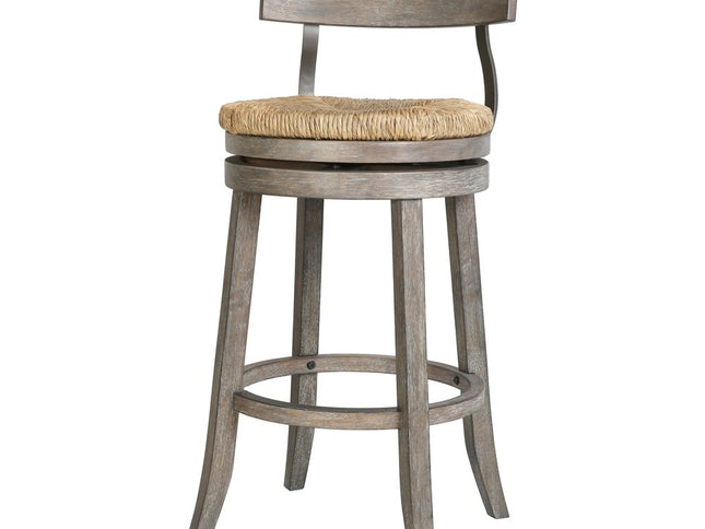 Brown and Gray Rattan and Solid Wood Low Back Bar Height Swivel Bar Chair