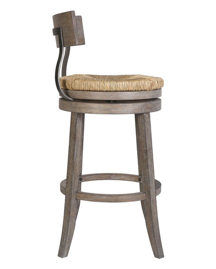 Brown and Gray Rattan and Solid Wood Low Back Bar Height Swivel Bar Chair