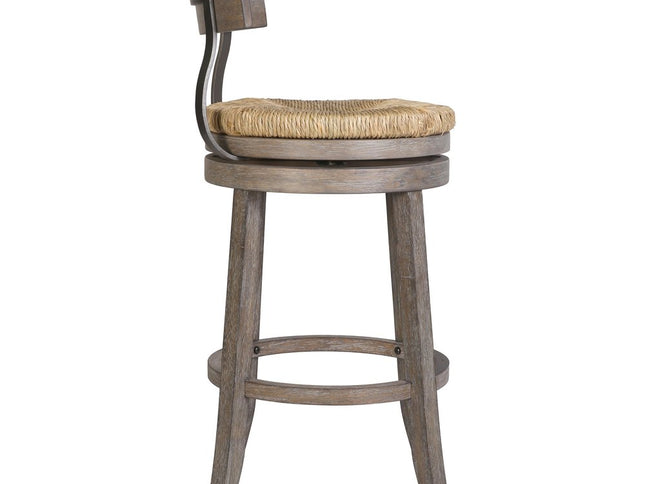 Brown and Gray Rattan and Solid Wood Low Back Bar Height Swivel Bar Chair