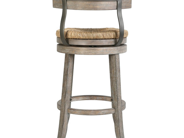 Brown and Gray Rattan and Solid Wood Low Back Bar Height Swivel Bar Chair