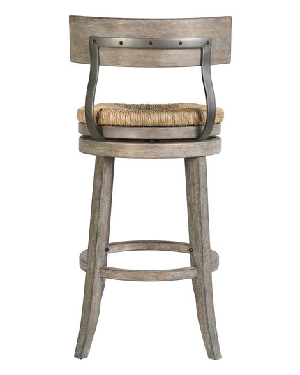 Brown and Gray Rattan and Solid Wood Low Back Bar Height Swivel Bar Chair