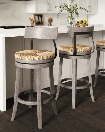 Brown and Gray Rattan and Solid Wood Low Back Bar Height Swivel Bar Chair