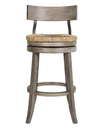 Brown and Gray Rattan and Solid Wood Low Back Bar Height Swivel Bar Chair