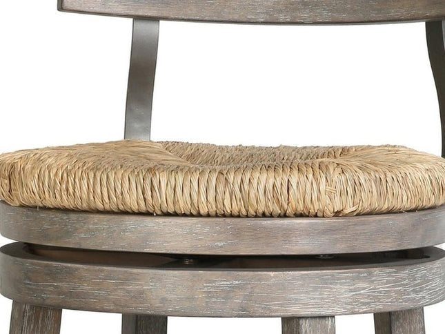 Brown and Gray Rattan and Solid Wood Low Back Bar Height Swivel Bar Chair