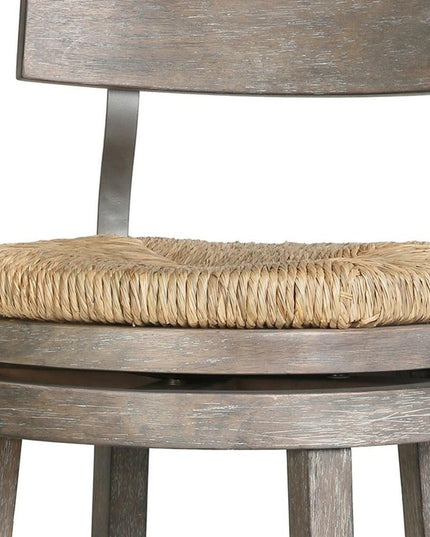 Brown and Gray Rattan and Solid Wood Low Back Bar Height Swivel Bar Chair