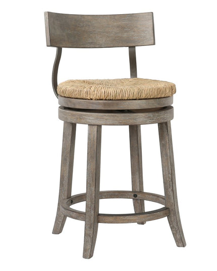 Brown and Gray Rattan and Solid Wood Low Back Counter Height Swivel Bar Chair