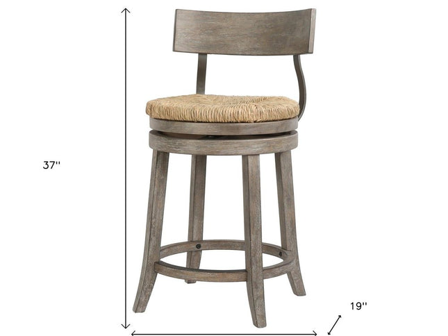 Brown and Gray Rattan and Solid Wood Low Back Counter Height Swivel Bar Chair