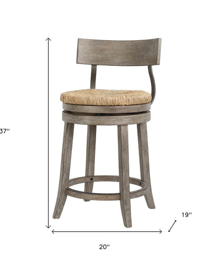 Brown and Gray Rattan and Solid Wood Low Back Counter Height Swivel Bar Chair