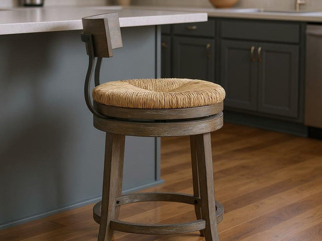 Brown and Gray Rattan and Solid Wood Low Back Counter Height Swivel Bar Chair