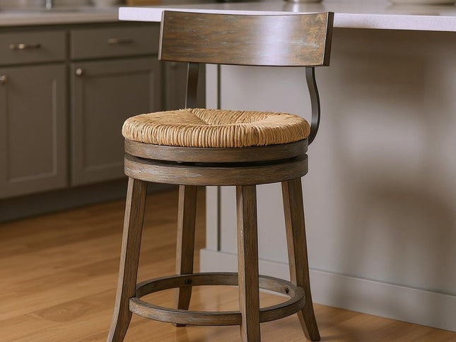 Brown and Gray Rattan and Solid Wood Low Back Counter Height Swivel Bar Chair