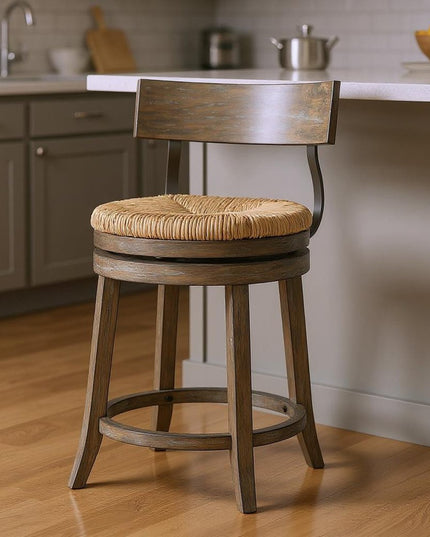 Brown and Gray Rattan and Solid Wood Low Back Counter Height Swivel Bar Chair