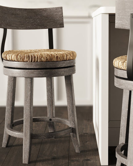 Brown and Gray Rattan and Solid Wood Low Back Counter Height Swivel Bar Chair