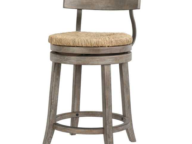 Brown and Gray Rattan and Solid Wood Low Back Counter Height Swivel Bar Chair