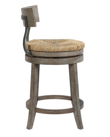 Brown and Gray Rattan and Solid Wood Low Back Counter Height Swivel Bar Chair