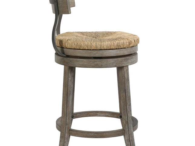 Brown and Gray Rattan and Solid Wood Low Back Counter Height Swivel Bar Chair