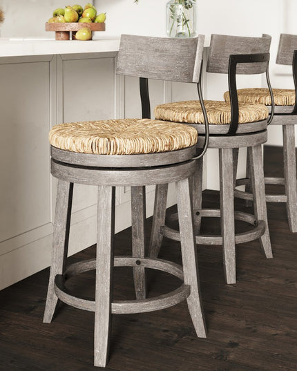 Brown and Gray Rattan and Solid Wood Low Back Counter Height Swivel Bar Chair