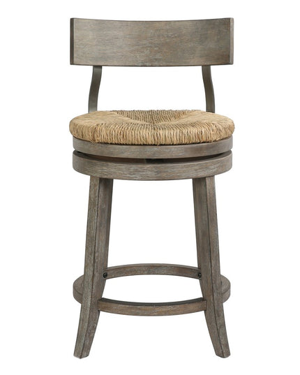 Brown and Gray Rattan and Solid Wood Low Back Counter Height Swivel Bar Chair