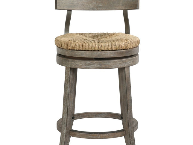 Brown and Gray Rattan and Solid Wood Low Back Counter Height Swivel Bar Chair