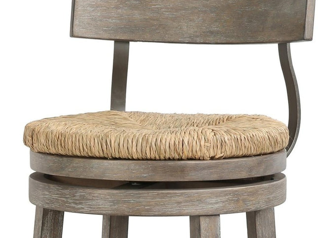 Brown and Gray Rattan and Solid Wood Low Back Counter Height Swivel Bar Chair