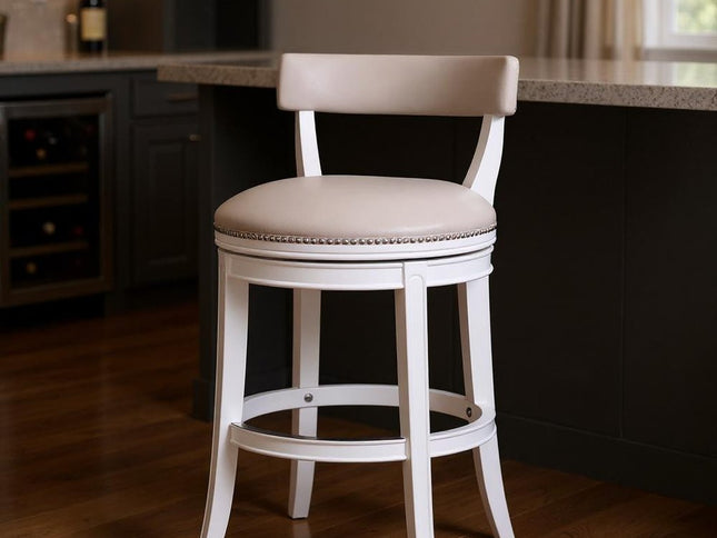 Gray and White Faux Leather and Solid Wood Low Back Bar Height Swivel Bar Chair