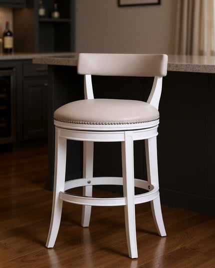 Gray and White Faux Leather and Solid Wood Low Back Bar Height Swivel Bar Chair