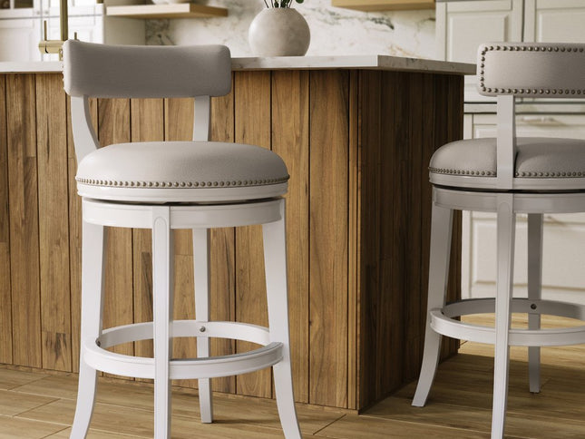 Gray and White Faux Leather and Solid Wood Low Back Bar Height Swivel Bar Chair