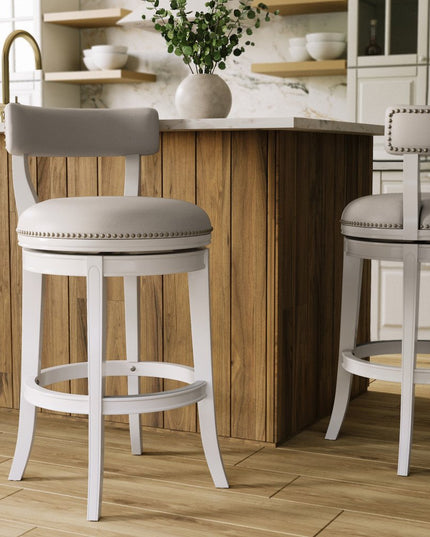 Gray and White Faux Leather and Solid Wood Low Back Bar Height Swivel Bar Chair