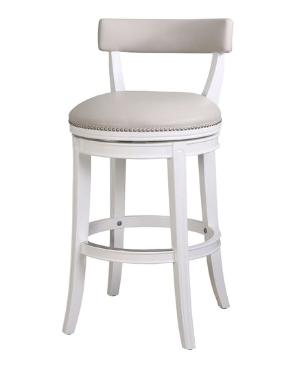 Gray and White Faux Leather and Solid Wood Low Back Bar Height Swivel Bar Chair