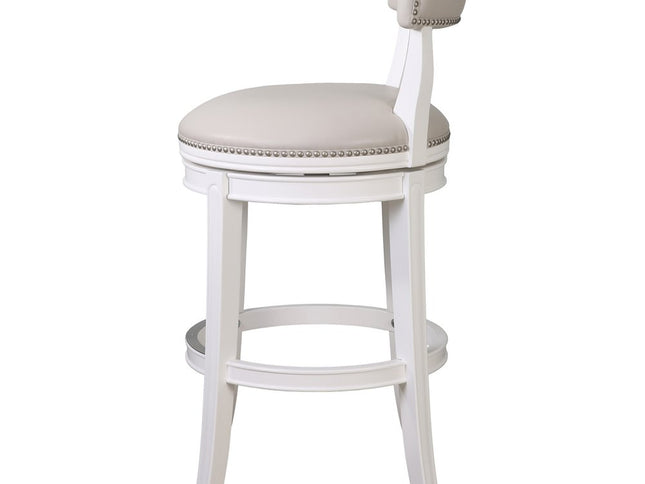 Gray and White Faux Leather and Solid Wood Low Back Bar Height Swivel Bar Chair