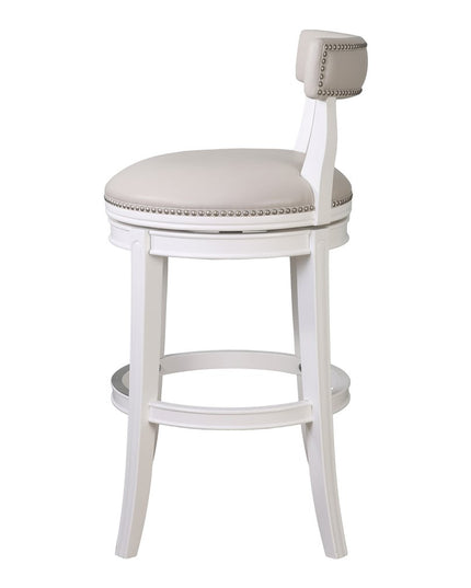 Gray and White Faux Leather and Solid Wood Low Back Bar Height Swivel Bar Chair