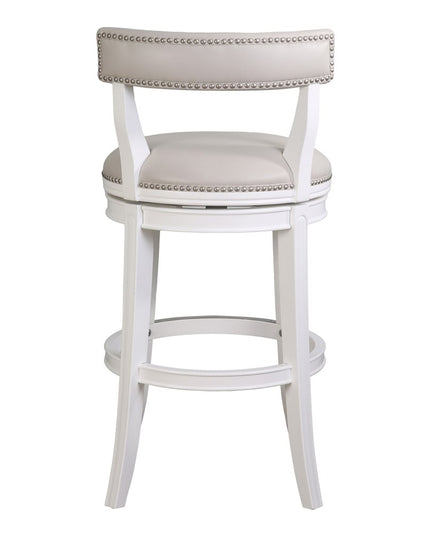 Gray and White Faux Leather and Solid Wood Low Back Bar Height Swivel Bar Chair