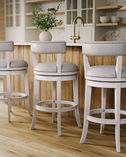 Gray and White Faux Leather and Solid Wood Low Back Bar Height Swivel Bar Chair