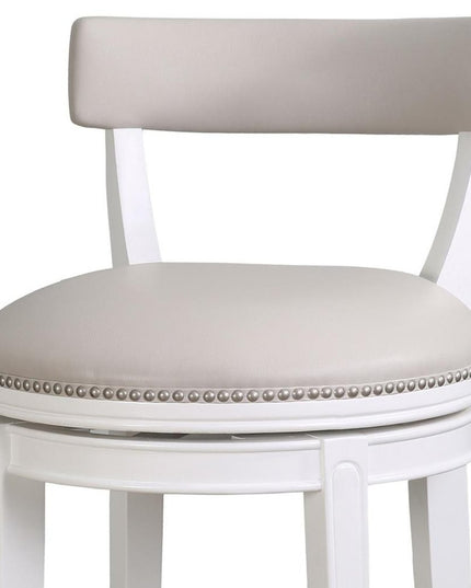 Gray and White Faux Leather and Solid Wood Low Back Bar Height Swivel Bar Chair