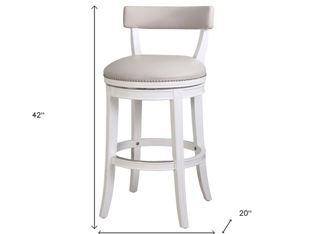 Gray and White Faux Leather and Solid Wood Low Back Bar Height Swivel Bar Chair