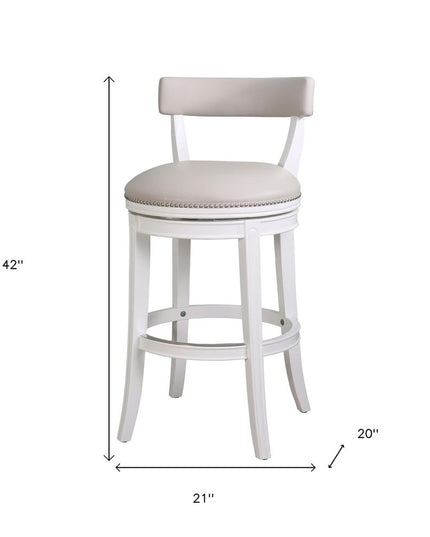 Gray and White Faux Leather and Solid Wood Low Back Bar Height Swivel Bar Chair