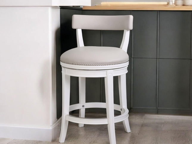26" Gray and White Faux Leather and Solid Wood Low Back Counter Height Swivel Bar Chair